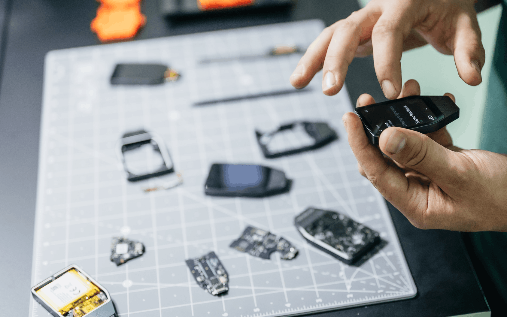 Hands examine a black touchscreen device above a cutting mat scattered with disassembled electronic components.